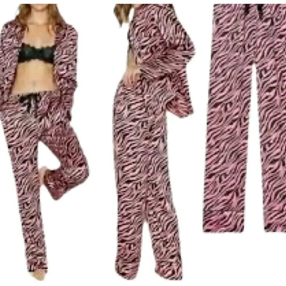 Victorias Secret Animal print SATIN button down top & bottoms pant pajama set XL